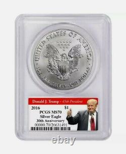 2016 American Eagle $1 PCGS MS70 TRUMP 2020 LABEL 30th Anniversary Silver Coin