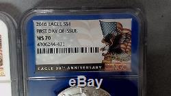 2016 American Silver Eagle NGC MS70 First Day Of Issue Red, White, & Blue Slabs