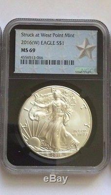 2016 (P) (W) (S) American Silver Eagle NGC MS69 3 COIN SET Black Core