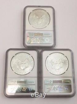 2016 (P) (W) (S) American Silver Eagle NGC MS69 3 COIN SET Brown Label