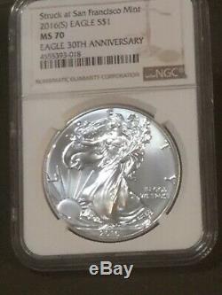 2016 (S) $1 American Silver Eagle NGC MS70 Brown Label