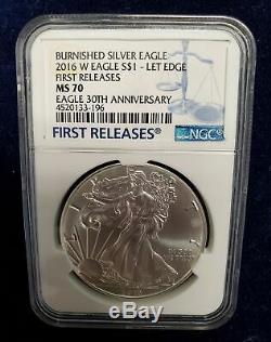 2016 W BURNISHED AMERICAN SILVER EAGLE LETTERED EDGE NGC MS 70 ASE 1st Release