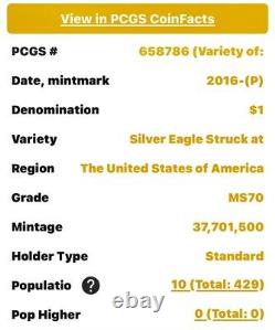 2016(p) American Silver Eagle Pcgs Ms70 Philadelphia Strike Pop Of Only 10