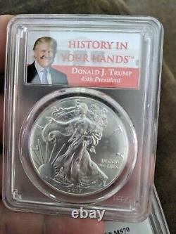 2017 $1 AMERICAN SILVER EAGLE PCGS MS70 HISTORY IN YOUR HANDS TRUMP LABEL 2 Coin