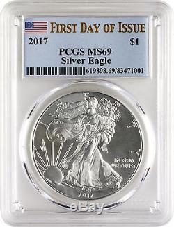 2017 $1 American Silver Eagle PCGS MS69 First Day of Issue Box of 20