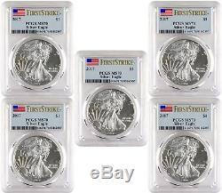2017 $1 American Silver Eagle PCGS MS70 First Strike Blue Flag Label Lot of 5