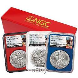 2017 3pc. $1 American Silver Eagle NGC MS70 Black FDI Label Red, White, and Blue