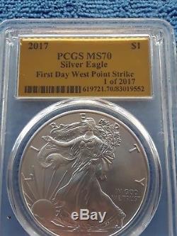 2017 AMERICAN SILVER EAGLE- PCGS MS70 FIRST DAY WP STRIKE GOLD FOIL 1 of 2017