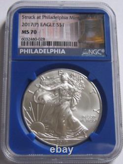 2017-(P) NGC MS70 AMERICAN SILVER EAGLE COIN Philadelphia Bell Label BLUE CORE