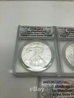 2017 P S W AMERICAN SILVER EAGLE Dollar Coin 3PC Set ANACS MS70 First Strike