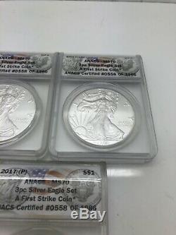 2017 P S W AMERICAN SILVER EAGLE Dollar Coin 3PC Set ANACS MS70 First Strike