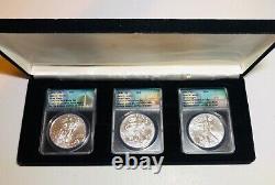 2017 (S) (P) (W) SILVER American Eagle Complete 3-Coin Mint State Set withBox-MS70
