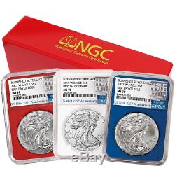 2017-W Burnished $1 American Silver Eagle 3pc. Set NGC MS70 FDI 225th Label Red
