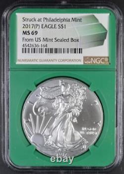 2017-WithP/S $1 American Silver Eagle NGC MS69 3 Coin Set From US Mint Sealed Box