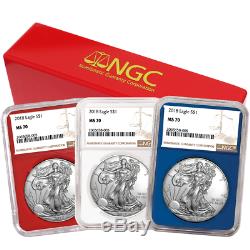 2018 $1 American Silver Eagle 3 pc. Set NGC MS70 Brown Label Red White Blue
