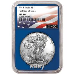 2018 $1 American Silver Eagle 3 pc. Set NGC MS70 FDI Flag Label Red White Blue