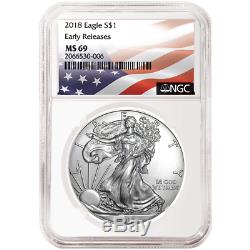 2018 $1 American Silver Eagle 3pc. Set NGC MS69 Flag ER Label Red White Blue