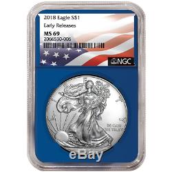 2018 $1 American Silver Eagle 3pc. Set NGC MS69 Flag ER Label Red White Blue