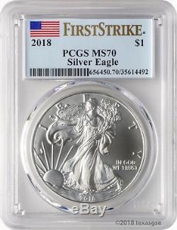 2018 $1 American Silver Eagle PCGS MS70 First Strike Blue Flag Label Lot of 5