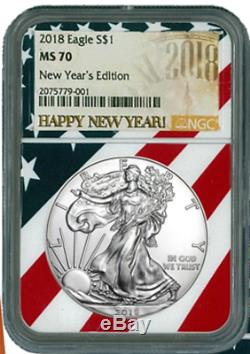 2018 MS70 NGC NEW YEAR'S EDITION FLAG LABEL AMERICAN SILVER EAGLE ASE COIN WithBOX