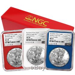 2018-W Burnished $1 American Silver Eagle 3pc. Set NGC MS70 ALS ER Label Red Whi