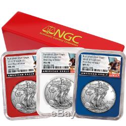 2018-W Burnished $1 American Silver Eagle 3pc. Set NGC MS70 FDI Black Label Red