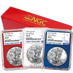 2019 $1 American Silver Eagle 3 pc. Set NGC MS70 Blue ER Label Red White Blue