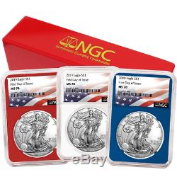2019 $1 American Silver Eagle 3 pc. Set NGC MS70 FDI Flag Label Red White Blue