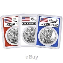 2019 $1 American Silver Eagle 3pc. Set PCGS MS70 Made in USA Label Red White Blu