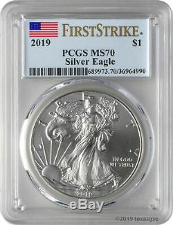 2019 $1 American Silver Eagle PCGS MS70 First Strike Blue Flag Label Lot of 5