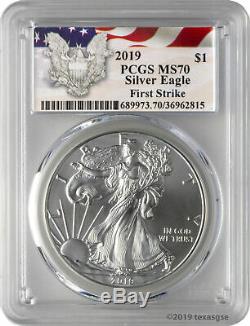 2019 $1 American Silver Eagle PCGS MS70 First Strike Eagle Label Lot of 5