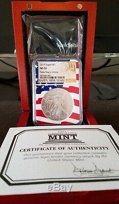 2019 1 Oz. American Silver Eagle Happy New Year's Edition, NGC MS70 Flag Core