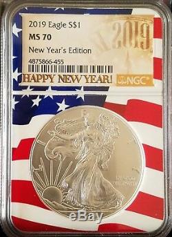 2019 1 Oz. American Silver Eagle Happy New Year's Edition, NGC MS70 Flag Core