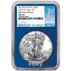 2019-W Burnished $1 American Silver Eagle NGC MS70 FDI First Label Blue Core