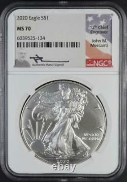 2020 $1 American Silver Eagle NGC MS70 John M. Mercanti Signed 1 ozt. 999 Coin