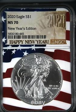 2020 American Silver Eagle NGC Certified MS-70 Happy New Year American Flag 8445