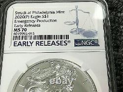 2020 (P) $1 American Silver Eagle NGC MS70 Emergency Production ER Blue Label