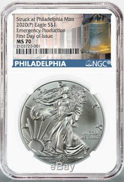 2020 (P) $1 American Silver Eagle NGC MS70 Emergency Production FDOI Bell Label