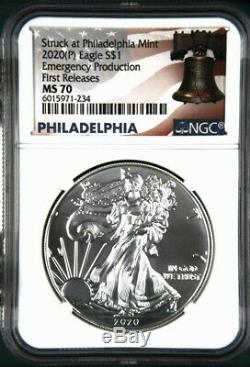 2020 (P) $1 American Silver Eagle NGC MS70 Emergency Production Liberty Bell FR