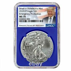2020 (P) $1 American Silver Eagle NGC MS70 Emergency Production Trump Label Blue
