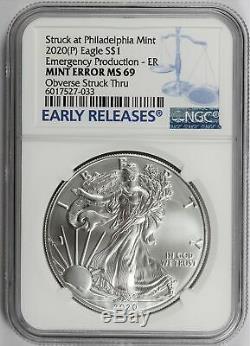 2020 (P) $1 Silver American Eagle MINT ERROR Struck Thru NGC MS69-Philadelphia