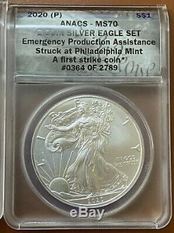 2020 P & W American Silver Eagle Emergency Issue ANACS MS-70 Dollar 2 Coin Set