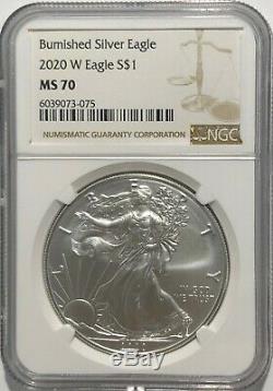 2020 W $1 Ngc Ms70 Burnished Silver American Eagle. 999 Fine Silver Brown Label