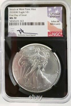 2020 W American Silver Eagle NGC MS70 FIRST DAY OF ISSUE MERCANTI BLACK CORE