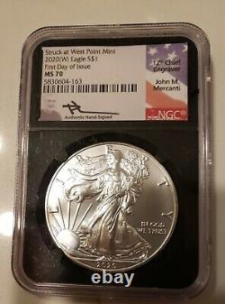 2020 W American Silver Eagle NGC MS70 FIRST DAY OF ISSUE MERCANTI BLACK CORE