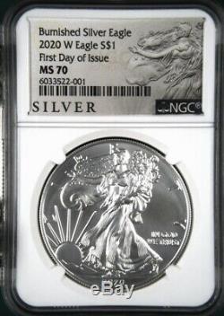 2020 W Burnished $1 American Silver Eagle NGC MS70 First Day Liberty Label