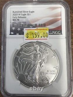 2020-W Burnished American Silver Eagle NGC MS 70 Early Releases Flag Label