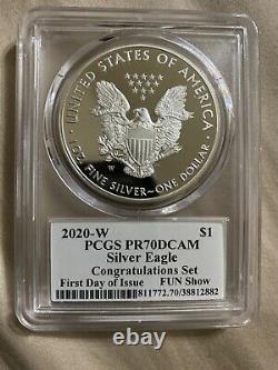 2020 WithS/P PROOF AMERICAN SILVER EAGLE PCGS PR70 MS70 FLAG CLEVELAND SET RARE