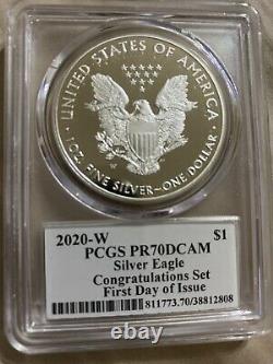 2020 WithS/P PROOF AMERICAN SILVER EAGLE PCGS PR70 MS70 FLAG CLEVELAND SET RARE