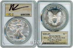 2020 (p) Silver American Eagle $1 Emergency Mark C. Pcgs Ms70 Fdoi White